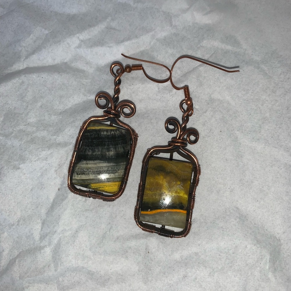 Wire Wrapped Bumblebee Jasper Earrings